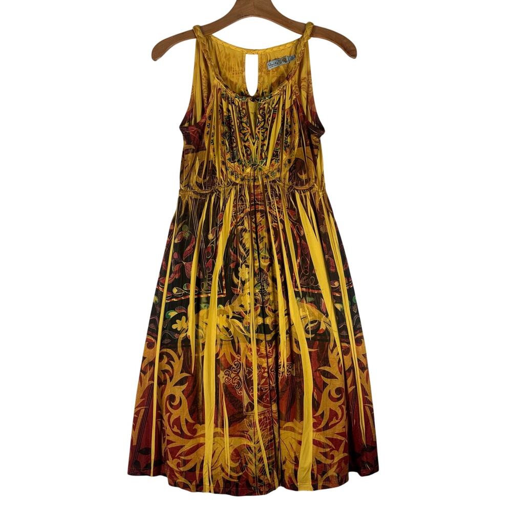 UNITY LIVE AND LET LIVE Yellow/Brown Design Midi Dress Womens Size S
